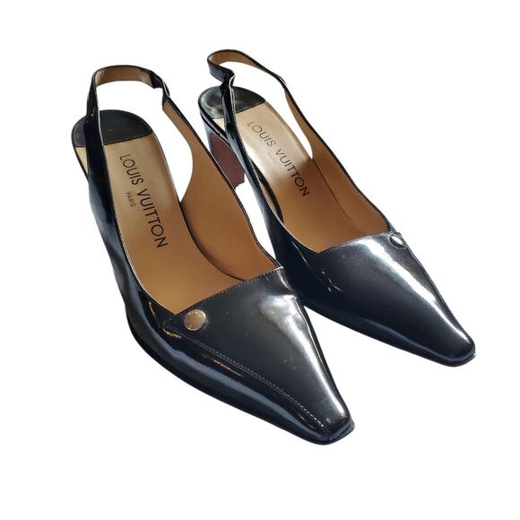 Louis Vuitton Slingback Heels Authentic Patent Leather Black Size 36.5 - Picture 1 of 6